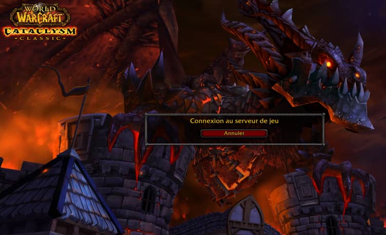 Capture d'écran de l'écran de connexion de World of Warcraft : Cataclysm Classic